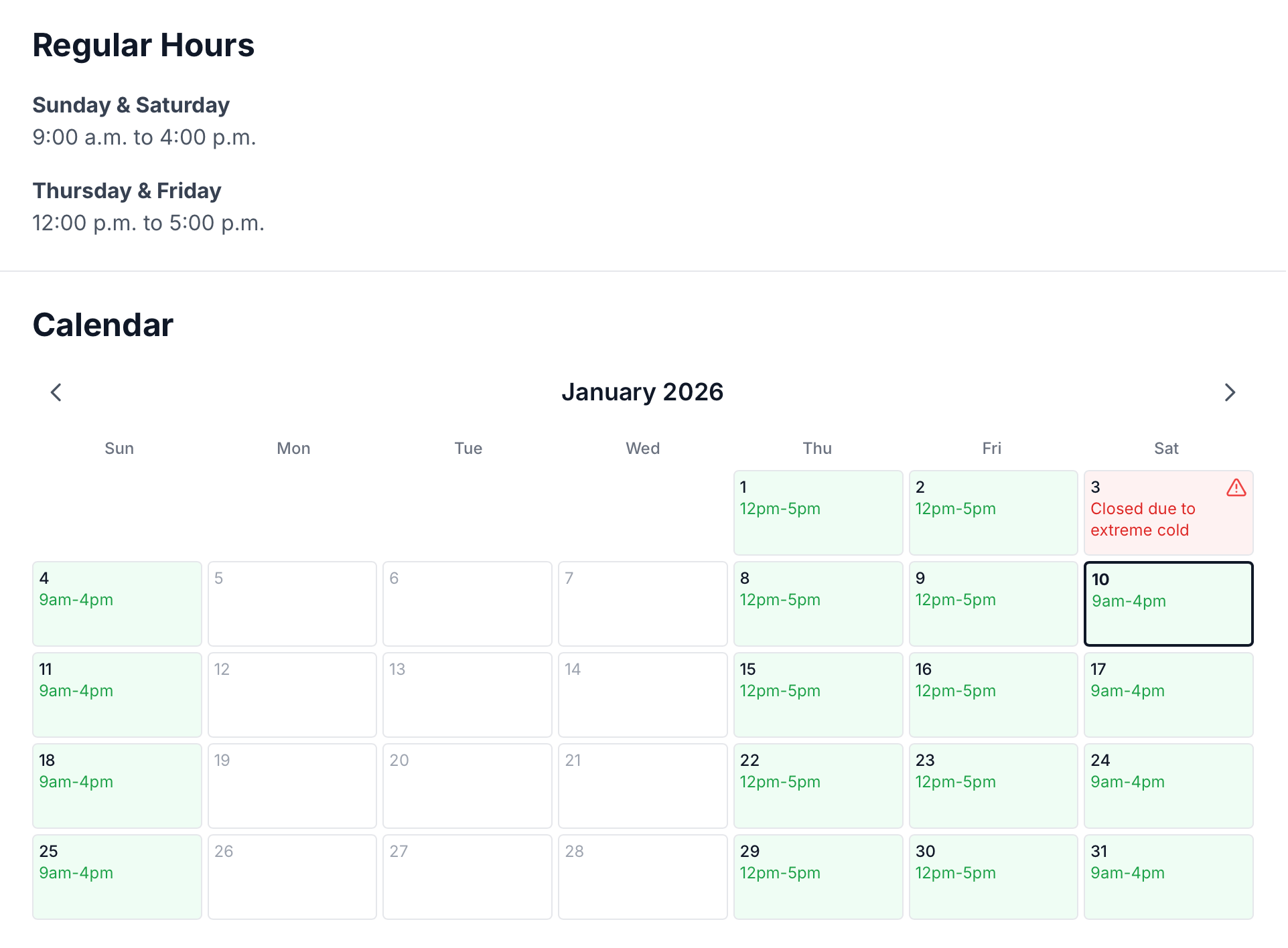 MtnManager operating hours widget with calendar