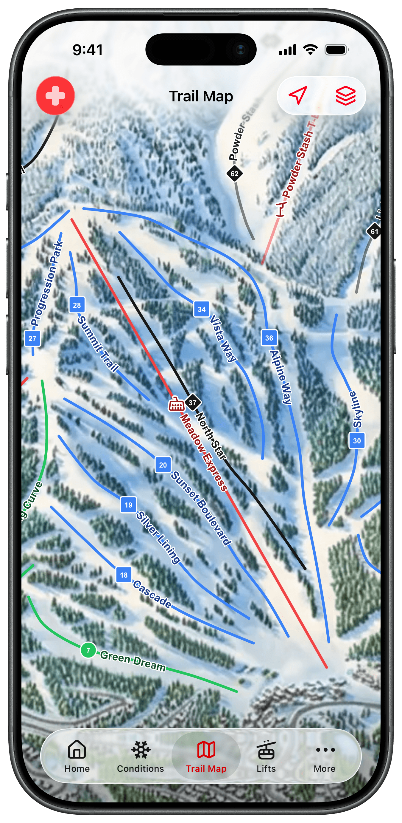 MtnManager-powered branded resort app on an iPhone showing live status and snow report